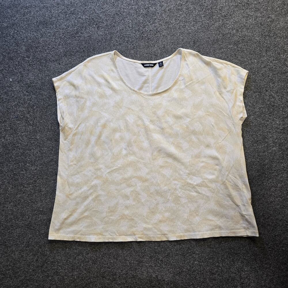 Lands End Top Womens Size 2X Beige Tropical Textured Short Sleeve Stretch Casual